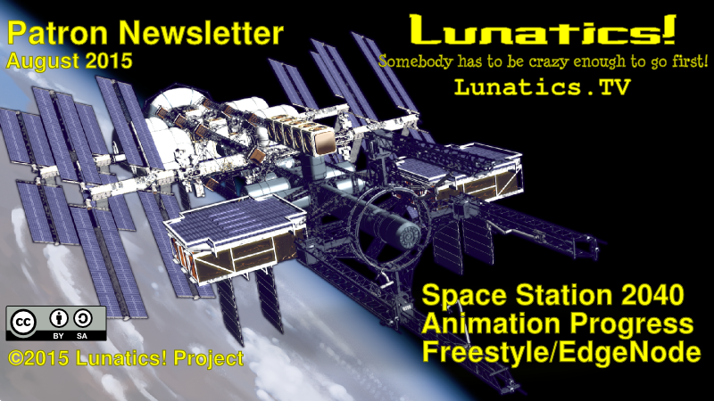August 2015 Newsletter Patron Newsletter cover for August 2015, featuring the 2040 Space Station