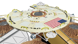 View of a circular disk on top of the lander, with markings, including the US flag