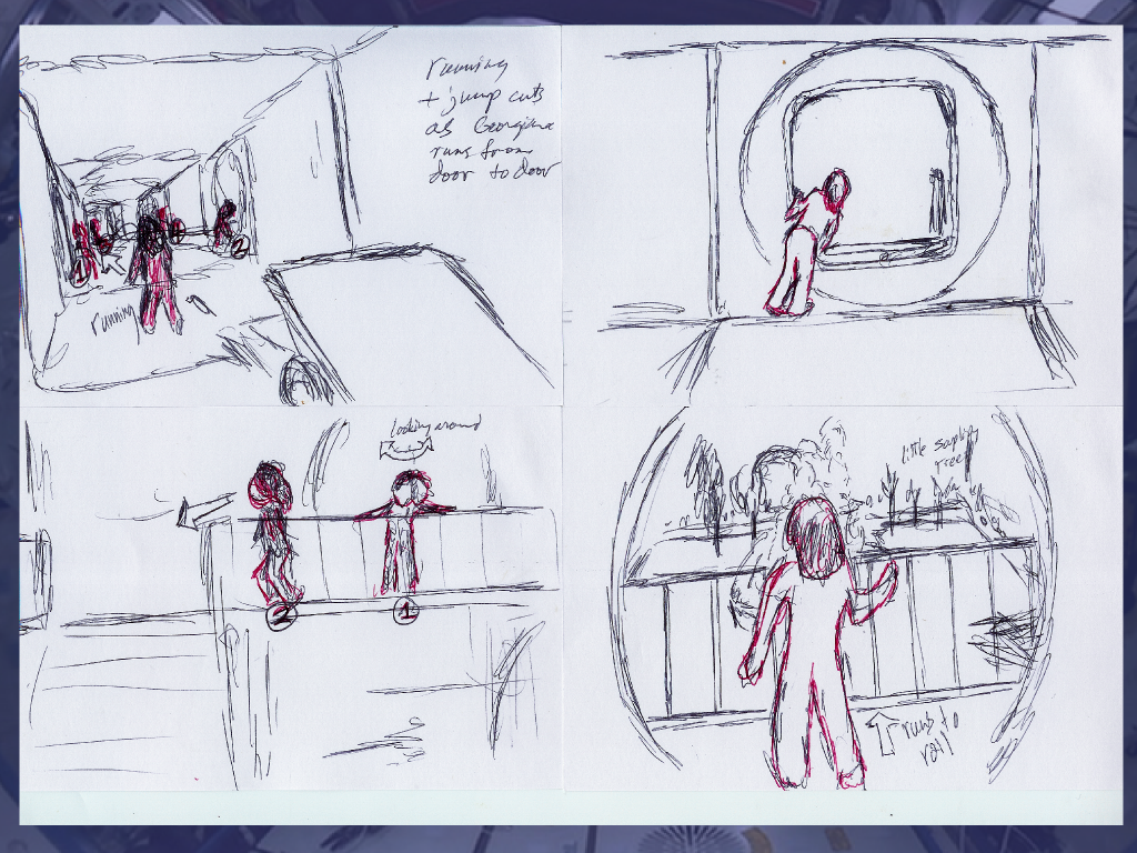 Rough pen sketches of sets and camera angles. Characters are highlighted in red ink.
