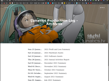 January 2022 Summary Image of Georgiana in Spacesuit Testing Couch, with archive listings from HTML annual report.