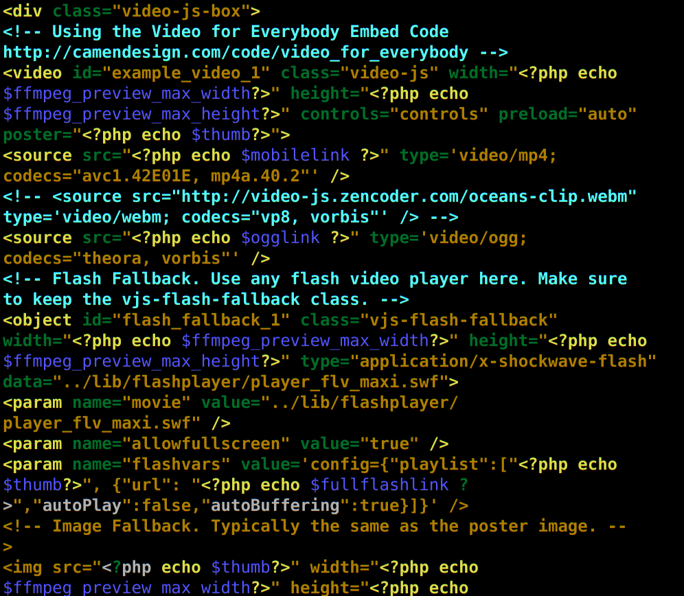 Screencap of complex PHP/HTML from a patch for adding a video player to ResourceSpace