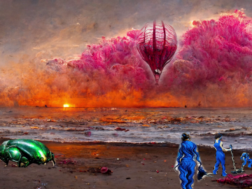 August 2022 Summary Colorful seen of an alien seashore, littered with debris, which humans and possibly a big beetle are cleaning up. A hot air balloon is in the distance.