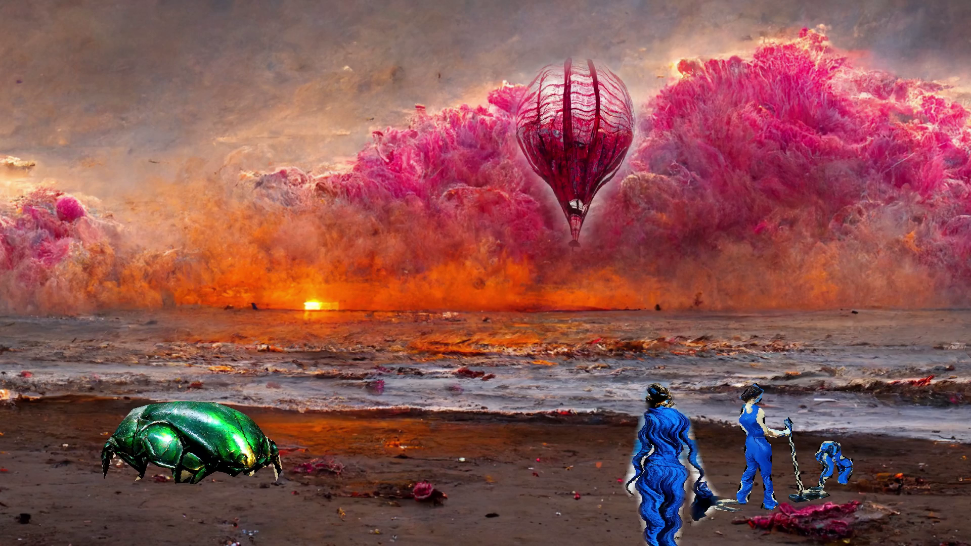 August 2022 Summary Colorful seen of an alien seashore, littered with debris, which humans and possibly a big beetle are cleaning up. A hot air balloon is in the distance.