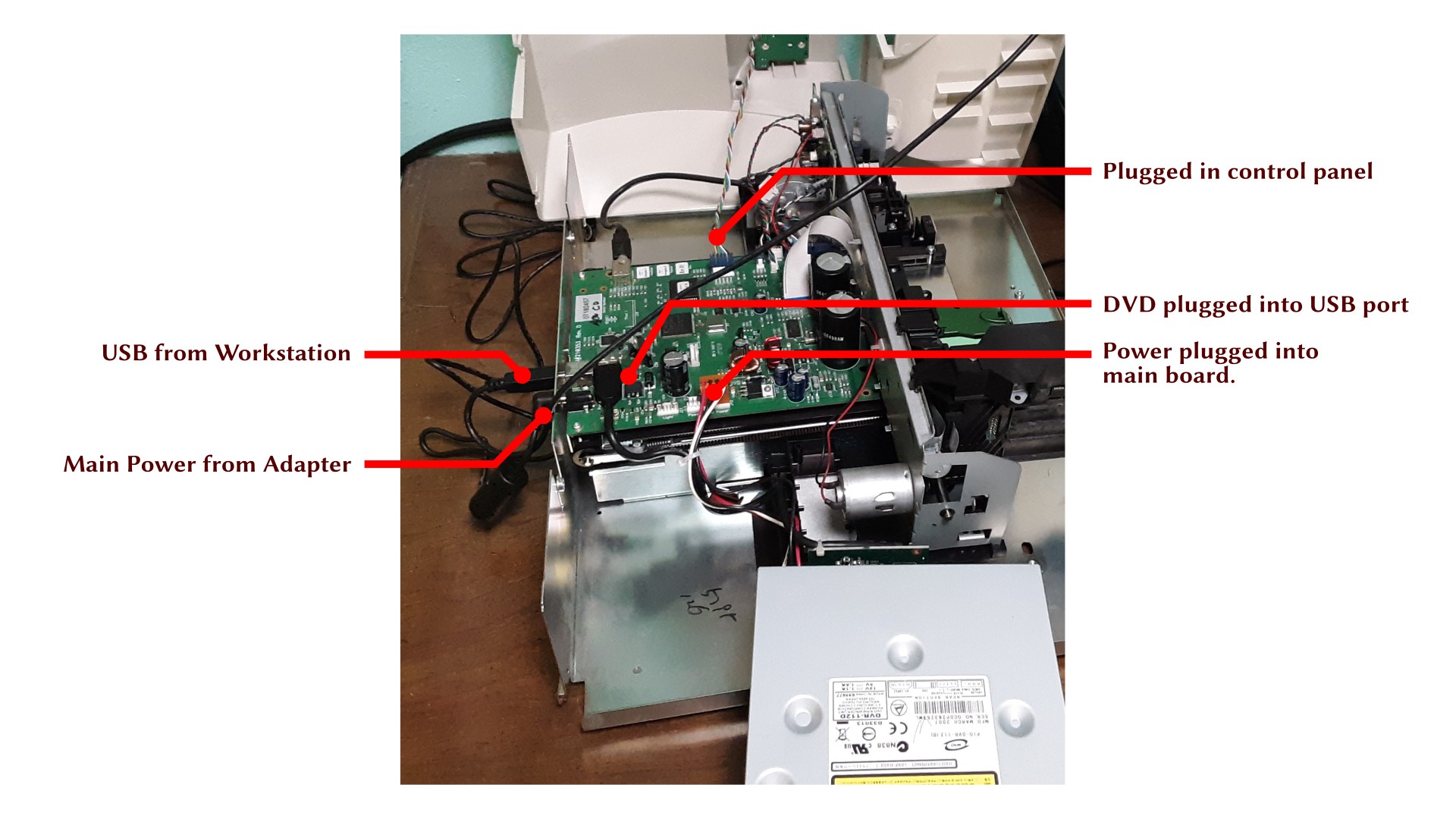 Primera Bravo II – Testing USB Topology Duplicator reconnected electrically, though it is still mechanically taken apart.