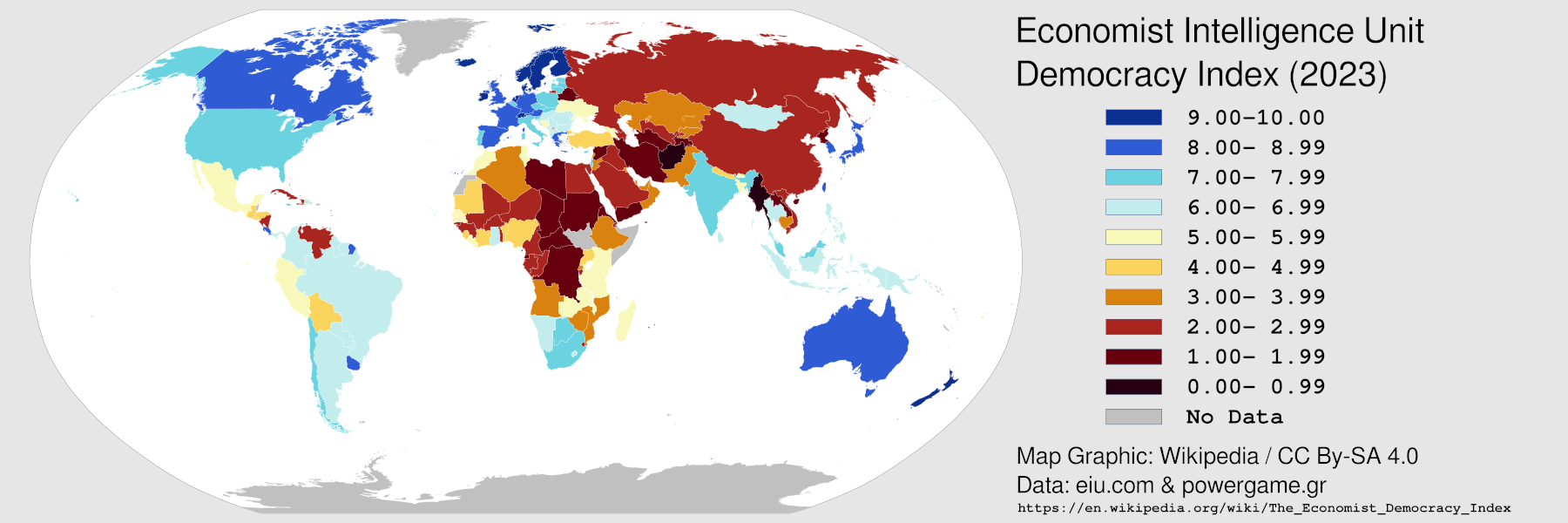 EIU Democracy Index 2023 Economist intelligence unit democracy index world map from 2023