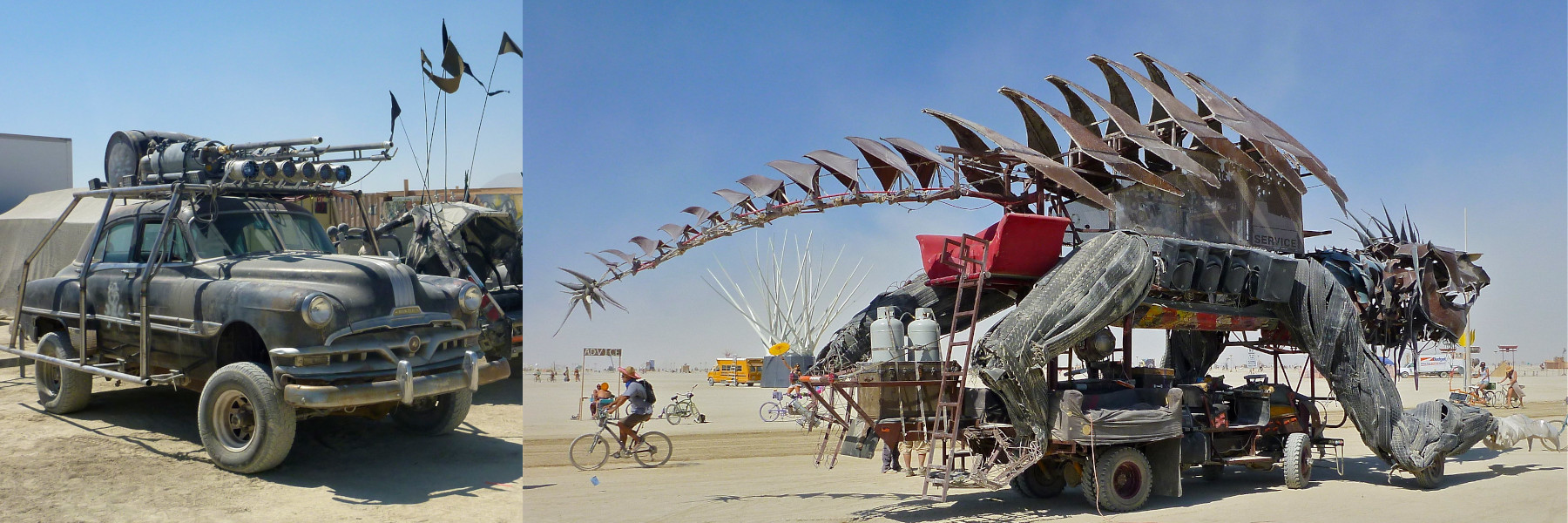 Funky MadMax-Like Vehicles in the Desert A car with what looks like guns on top (probably fake), and a large dragon-like vehicle, both in the desert (probably Burning Man?)