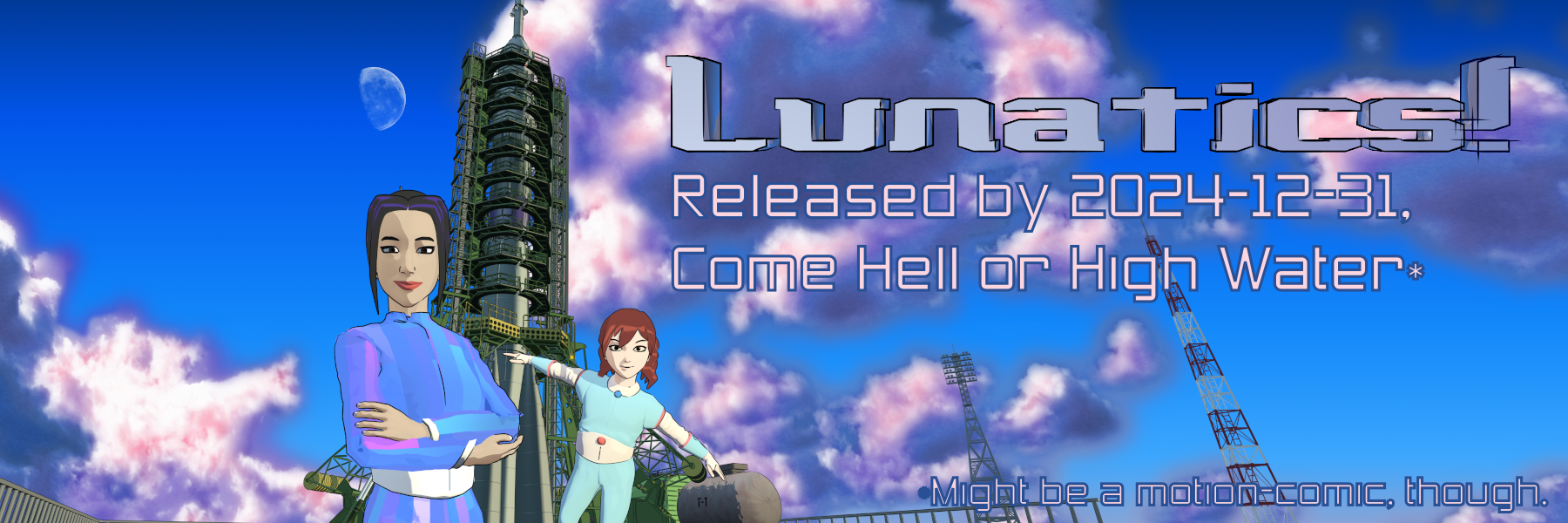 Lunatics Release by 12/31. (Scary!) Lunatics / No Children in Space cover poster with release by 2024-12-31 message