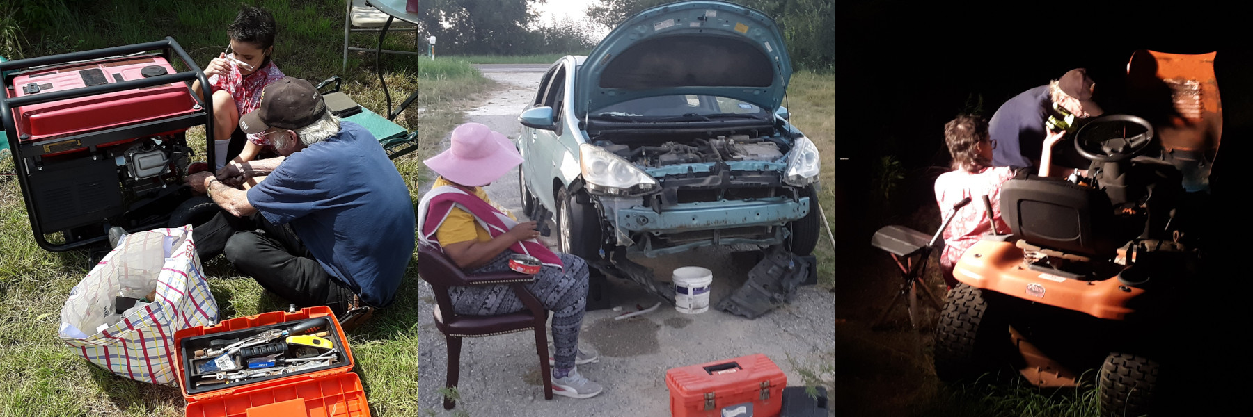 Maintenancing Equipment Three pictures of family fixing a generator, a car, and a mower