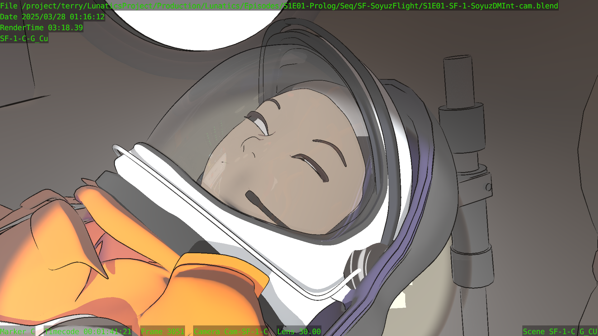 March 2025 Summary Georgiana in spacesuit, squinting at beam of sunlight.