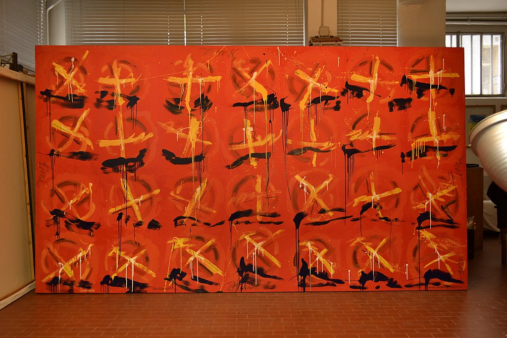 Red canvas with yellow crosses and black bars repeated in a 7x4 grid.