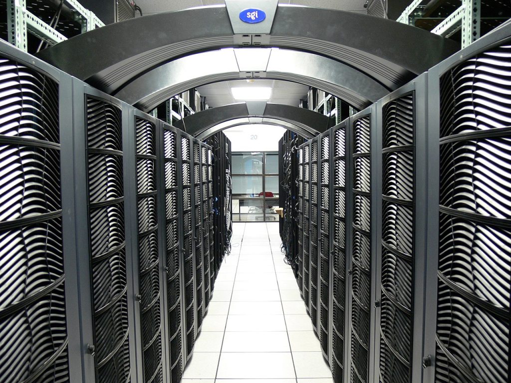 Row of servers in a data center at Virtgina Tech.