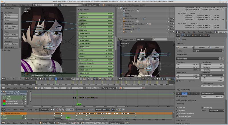 Screenshot of animated Georgiana in Blender