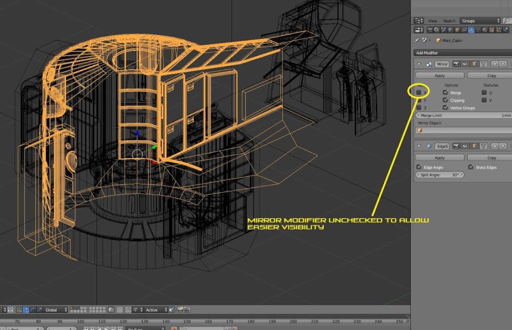 Wireframe view of the Lander Interior set in Blender