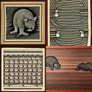 Woodcut style images based on a wombat prompt.