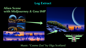 "Log Extract: Alien Scene with MidJourney and Gnu IMP" title card, with the original renders and the resulting composite image.