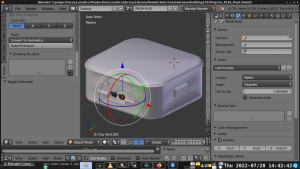 Screen capture from viewport in Blender, showing an oblique view of the PLSS box with some deformations and added hose ports.