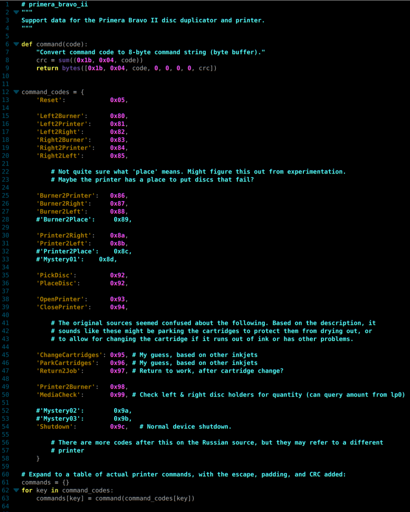 Tentative Table of Control Codes for Primera Bravo II