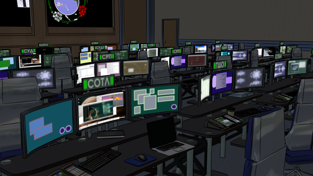 Mission Control Set with lots of monitors and set dressing, but no people.