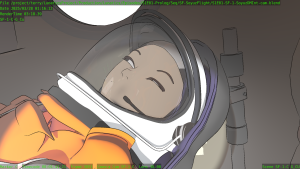 Georgiana in spacesuit, squinting at beam of sunlight.